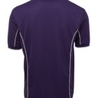 Back view of a dark purple polo shirt with short sleeves and white piping along the sides and shoulders. The shirt features a simple, classic collar.