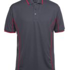 A dark gray polo shirt featuring a collar with red trim and subtle red piping along the sides. The shirt has a buttoned placket and short sleeves.