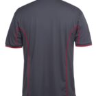 A dark gray short-sleeve shirt with red piping on the back, featuring a collar. The shirt displays a sleek, minimalist design suitable for casual or athletic wear.