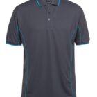 Gray polo shirt with a three-button placket and teal piping along the shoulders and sides. The brand logo is visible on the inside label at the neck.