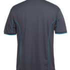 Back view of a dark gray polo shirt with turquoise piping along the seams. The shirt has short sleeves and a collar, made of a smooth fabric.