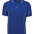 A royal blue polo shirt with white piping along the sides and sleeves. It features a collar and a three-button placket. The shirt has short sleeves and is displayed on a plain background.