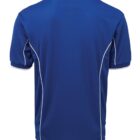 A blue short-sleeve sports jersey shown from the back, featuring white piping along the seams and shoulders.
