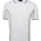 A plain white polo shirt with dark piping along the shoulders and sides. It features a classic collar and three buttons at the neckline. The short sleeves also have matching dark piping along the edges.