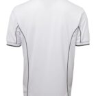 Back view of a plain white polo shirt with dark piping along the seams. The shirt has a classic collar and short sleeves.