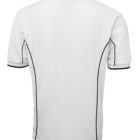 A white short-sleeved polo shirt is shown from the back, featuring black piping along the seams and edges. The shirt has a classic collar and a clean, minimalist design.
