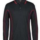 A black long-sleeve polo shirt with red piping accents along the seams and shoulders. It features a buttoned collar and is displayed against a plain background.