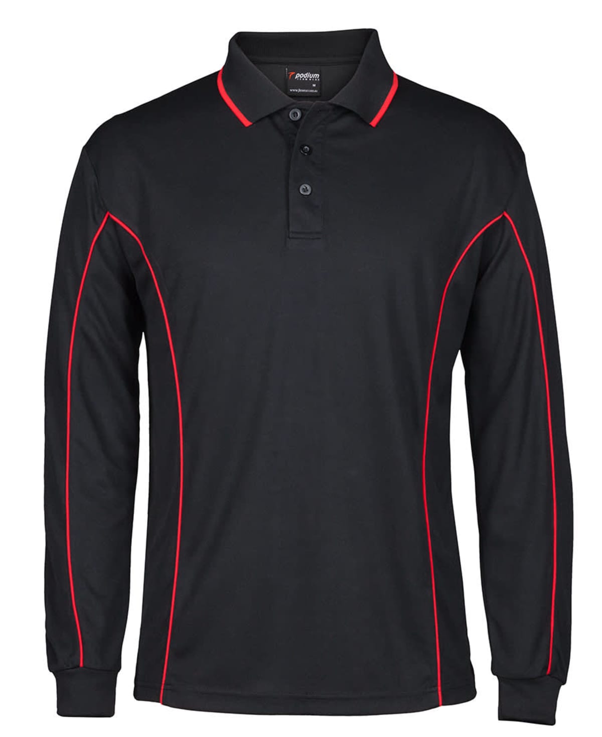 A black long-sleeve polo shirt with red piping accents along the seams and shoulders. It features a buttoned collar and is displayed against a plain background.