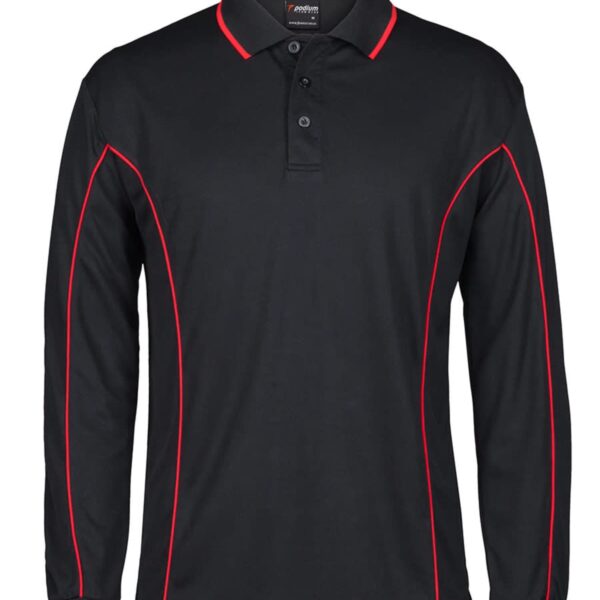 A black long-sleeve polo shirt with red piping accents along the sleeves and sides. It features a buttoned collar and appears plain with a sporty design.