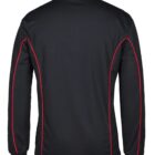 A black long-sleeve jacket with red piping on the seams. The image shows the back view, highlighting the design and color contrast.