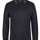 A black long-sleeve polo shirt with a collar and button placket. It features subtle white stitching along the seams and edges, adding a touch of contrast to the overall design.