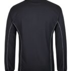 A long-sleeved black pullover with a stand-up collar, viewed from the back. It features contrasting light-colored stitching along the seams.