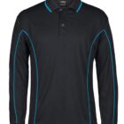 A long-sleeved black polo shirt with blue piping along the shoulders and sides. It features a buttoned collar and has a modern, sporty design.