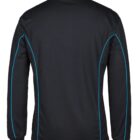 A black long-sleeve polo shirt with a collar, featuring blue piping along the seams. The shirt is displayed from the back.