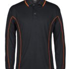 A black long-sleeve polo shirt with bright orange piping along the seams and a button-up collar. The shirt is displayed against a plain white background, highlighting its sleek and modern design.