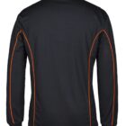 A long-sleeved black sports jacket is shown from the back. It features orange piping along the seams and collar, creating a clean and stylish look.