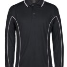 Black long-sleeve polo shirt with a collar and three buttons. It features white piping along the shoulders and sides, adding a sporty touch to its design.
