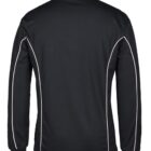 Black long-sleeve shirt with white piping detail along the seams, shown from the back. The shirt has a collar and appears to be made of a smooth, stretchy fabric.