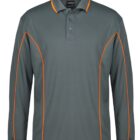 A long-sleeved, gray polo shirt with orange piping details along the shoulders, sleeves, and sides. It features a three-button placket and a collar, designed for a sporty or casual look.