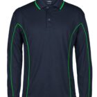 A dark navy blue long-sleeved polo shirt featuring bright green piping along the shoulders and sides. The shirt has a classic collar and a three-button placket at the front.