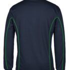 A dark long-sleeve jersey viewed from the back, featuring a green trim along the seams and cuffs. The collar is styled with a similar green accent. The fabric appears smooth and slightly reflective.