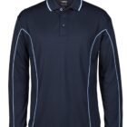 A navy blue long-sleeve polo shirt with light blue piping along the shoulders and sleeves. It has a buttoned collar and is on a plain white background.
