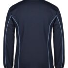 A navy blue long-sleeve pullover with light blue piping along the seams and collar, displayed from the back. The garment features a casual design suitable for cool weather.