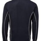 Back view of a long-sleeve black jacket with white piping along the shoulders and sides. The jacket has a high collar and a sleek, sporty design.