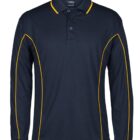 A dark navy long-sleeve polo shirt with yellow piping along the shoulders and sides. The shirt features a collar and three buttons down the front.