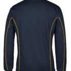 A long-sleeve, navy blue polo shirt with yellow piping details on the sleeves and sides, viewed from the back. The shirt has a collar and no visible logos or patterns.