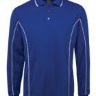 A blue long-sleeve polo shirt with a white collar and white piping along the shoulders and sides. The shirt has a button-up neckline.