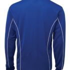 A long-sleeved, blue sports jacket with white piping details along the seams. The back view shows a collar and a smooth, lightweight fabric, suitable for athletic activities or casual wear.