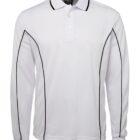 White long-sleeve polo shirt with black piping along the seams. The shirt features a collar, a three-button placket, and black accents on the shoulders and sides.