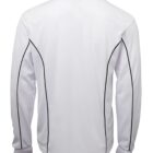 Back view of a long-sleeve white jacket with black piping along the seams and sleeves, featuring a collar and a clean, minimalist design.