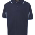 A navy blue polo shirt with a collar and button-up neckline, featuring light blue piping along the edges of the sleeves and collar. The shirt is plain with no additional designs or logos visible.