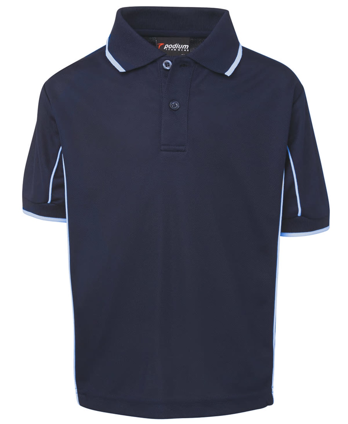 A navy blue polo shirt with a collar and button-up neckline, featuring light blue piping along the edges of the sleeves and collar. The shirt is plain with no additional designs or logos visible.