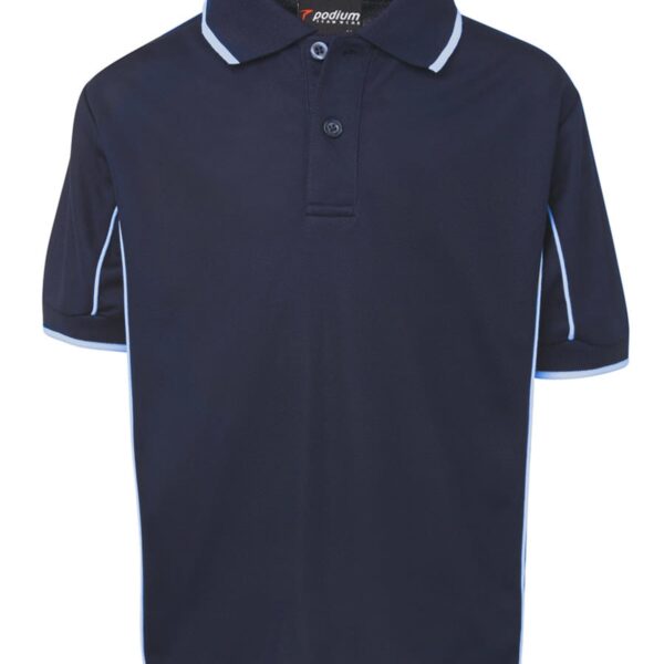 A navy blue polo shirt with white trim on the collar and sleeves. The shirt features a two-button placket and is displayed on a plain white background.