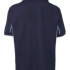 A navy blue polo shirt with light blue piping on the sleeves and collar, viewed from the back. The shirt has short sleeves and a classic collar design.