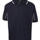 A navy blue short-sleeve polo shirt with white trim on the collar, sleeves, and vertical side seams. The shirt features a buttoned placket and is displayed against a white background.