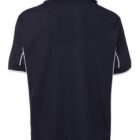 A back view of a black polo shirt with white piping along the sleeves and collar. The shirt is short-sleeved and appears to be made of a lightweight material.