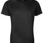 A plain black short-sleeve T-shirt with a round neckline, displayed on a white background.