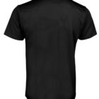 A plain black short-sleeve t-shirt is shown from the back, with a simple round neckline and no visible logos or designs.