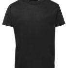 A plain black short-sleeve t-shirt on a white background. The shirt has a simple crew neckline and a smooth texture, with no visible logos or designs.