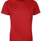 A plain red t-shirt on a white background, showing a front view. The shirt is short-sleeved and made of a smooth fabric.