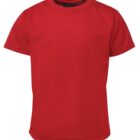A plain red short-sleeve T-shirt with a round neckline displayed on a white background.