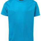 A plain blue T-shirt with short sleeves and a round neckline, displayed on a white background. The shirt appears to be made of a lightweight, breathable fabric.