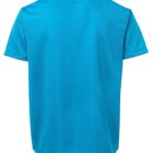 A plain blue t-shirt is displayed, viewed from the back. The t-shirt has short sleeves and a simple design, with no visible logos or patterns.
