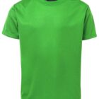 A plain green short-sleeve T-shirt is displayed against a white background. The shirt has a round neckline and is simple in design.