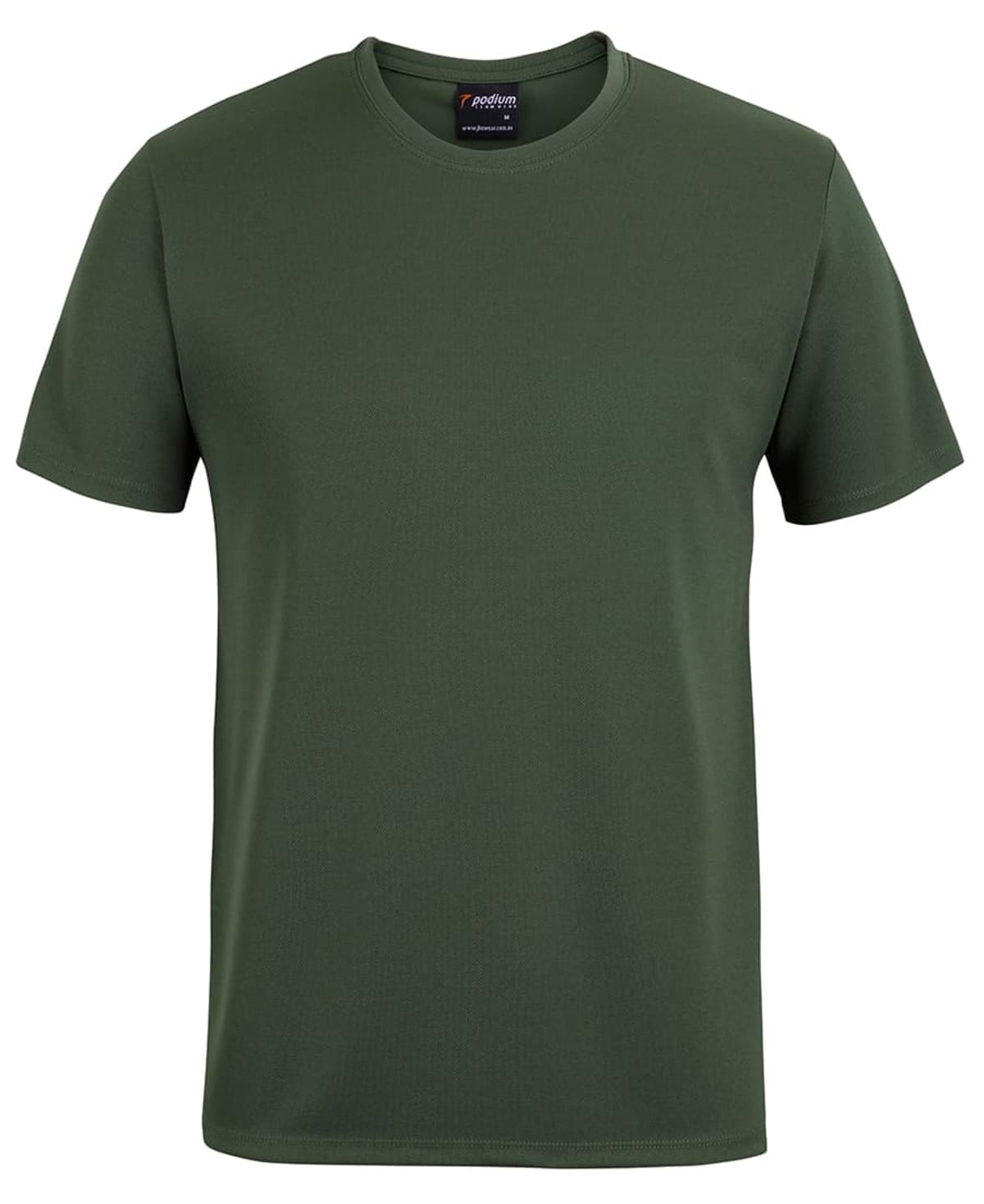 A plain dark green t-shirt on a white background. The shirt has short sleeves, a round neckline, and no visible patterns or logos.