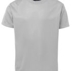 Plain grey T-shirt on a white background, displayed front-facing with short sleeves and a crew neck.